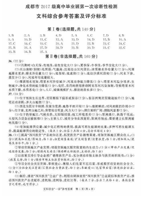 2020届四川省成都市高三文综一诊模拟试题答案（图片版）